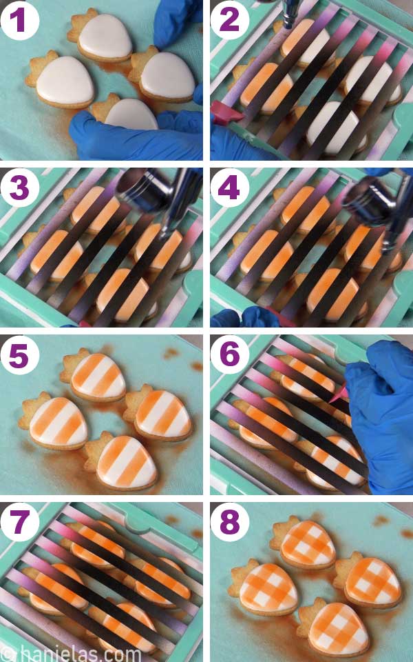 Small strawberry shaped cookies, airbrushing gingham with orange color.
