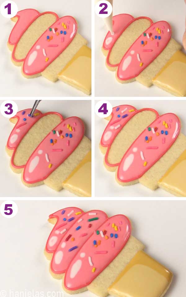 Piping white dots onto pink icing.