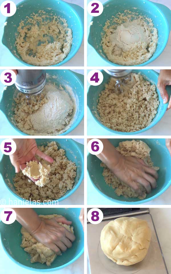 Cookie dough in a blue mixing bowl.