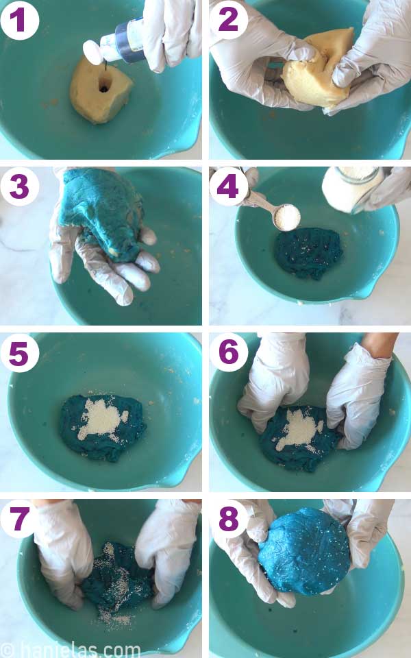 Hands kneading blue gel into cookie dough.