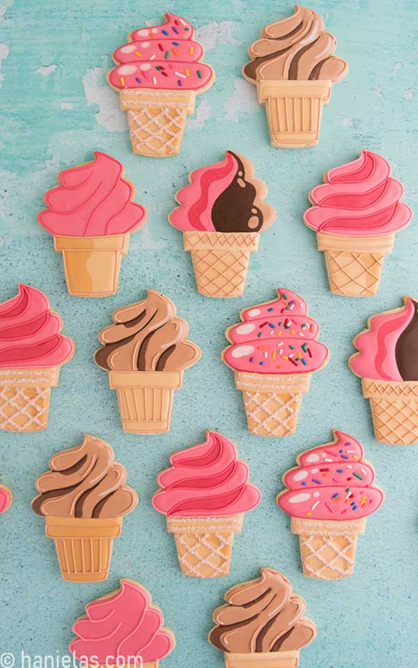 Decorated ice cream cone cookies with royal icing.