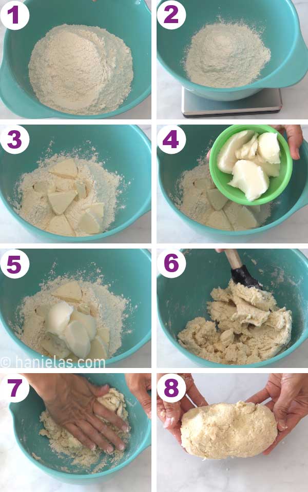 Blue mixing bowl with flour, lard and soft cheese.