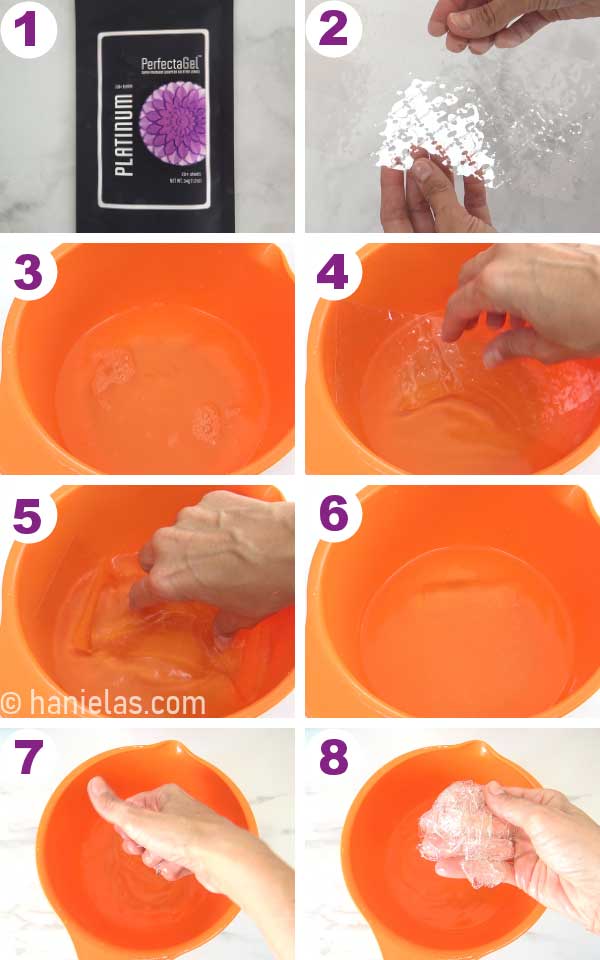 Orange bowl filled with water, hand placing gelatin sheets into the water.