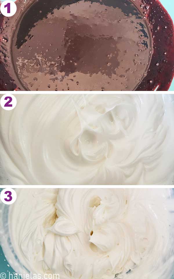 Three bowls with fruit puree, meringue and whipped cream.