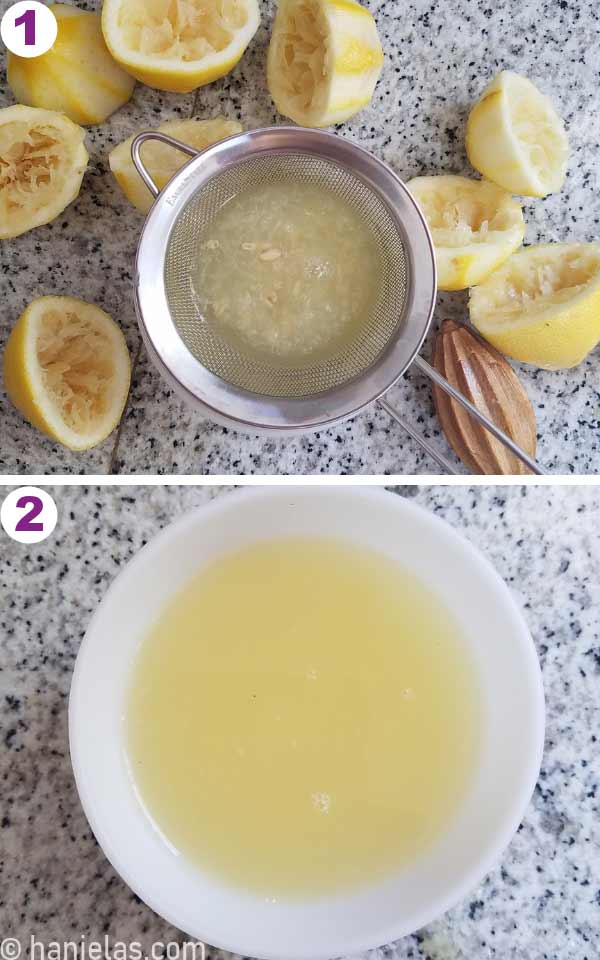 Mesh sieve with lemon pulp and seed and lemon juice in a white bowl.