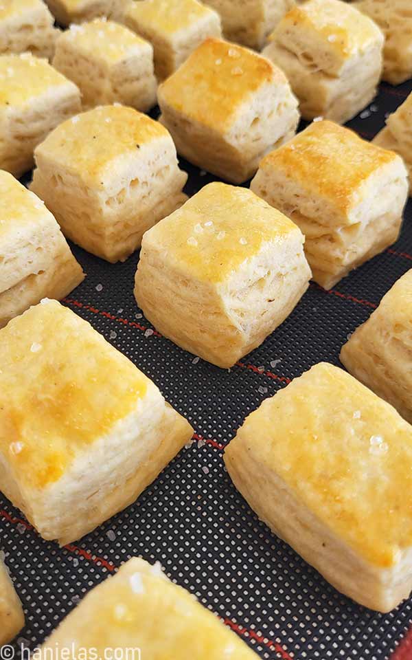 Baked golden brown biscuits sprinkled with sea salts on a baking sheet.