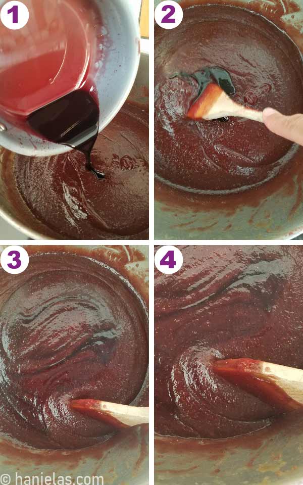Pouring red wine reduction into jam.