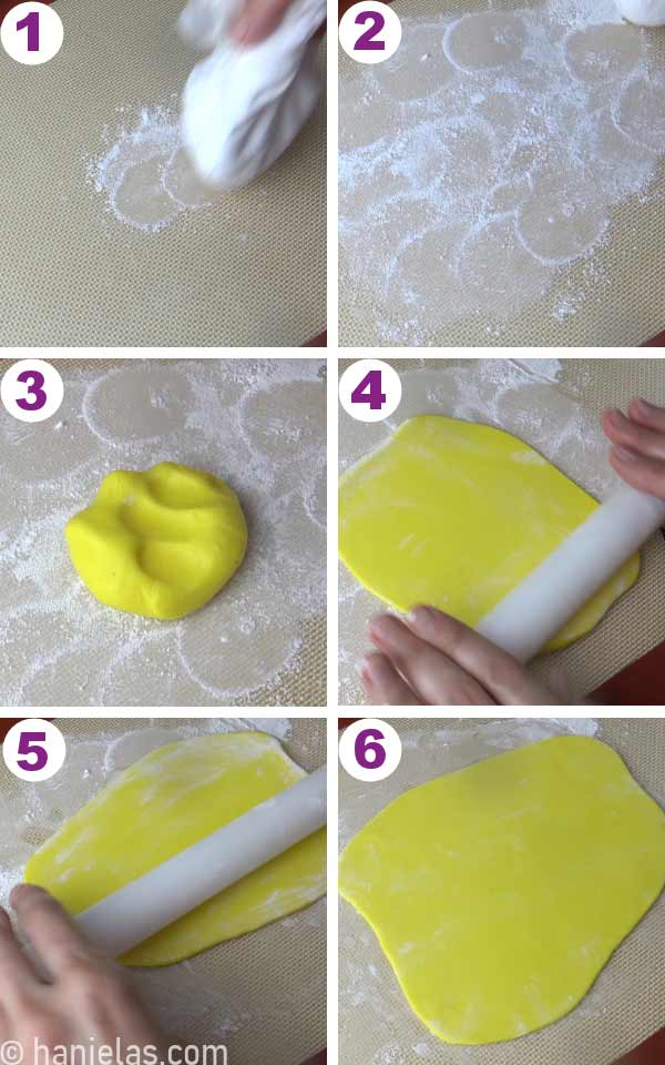 Rolled out yellow fondant on a silicone mat dusted with starch.