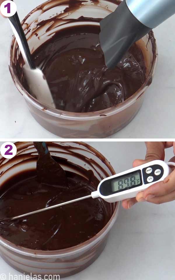 Plastic bowl with melted chocolate and a digital thermometer inserted in the chocolate.