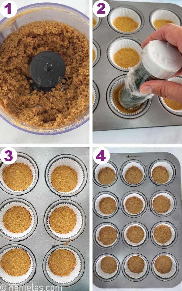 Hand holding a small jar, pressing cookie crumbs into a muffin pan.