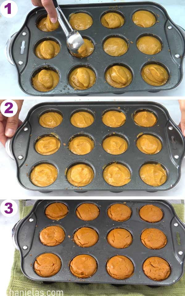 Muffin pan filled with pumpkin cheesecake filling.