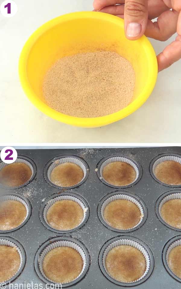 Yellow bowl with cinnamon sugar.