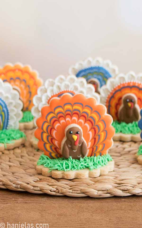 Assembled cookies on a table.