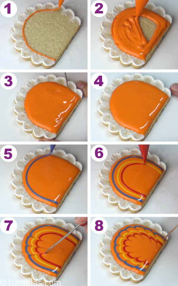 Piping curved lines with colored icing onto orange icing.