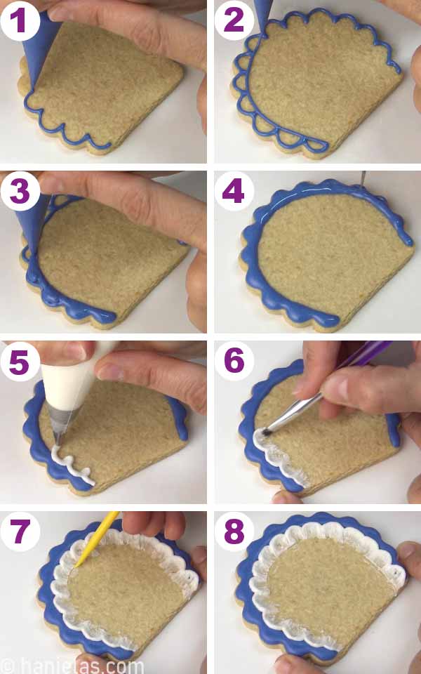 Icing a scalloped edge cookie with blue icing. Creating brushed embroidery design with white icing.