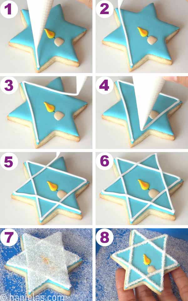 Piping white royal icing triangles onto a cookie.