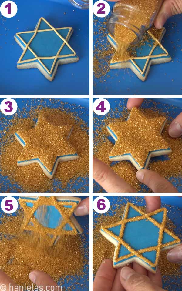 Star cookie covered with gold sanding sugar.