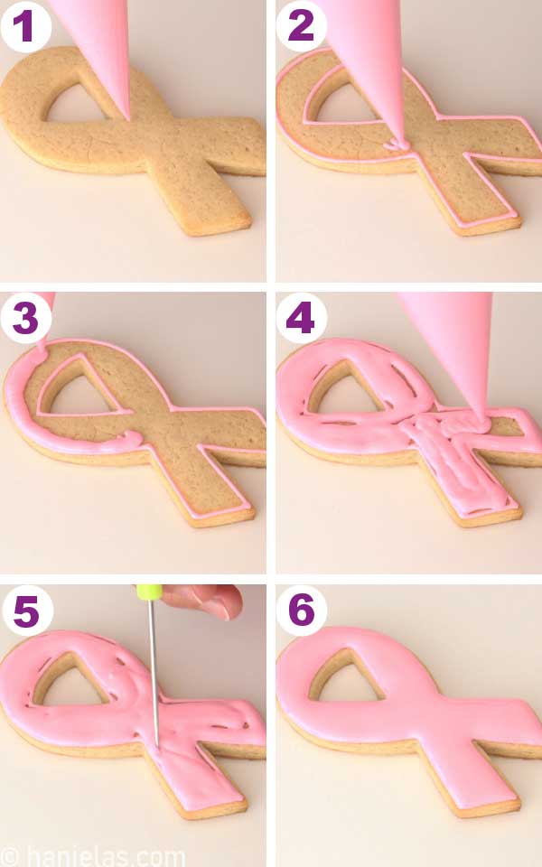Ribbon shaped cookies, a piping bag with pink icing flooding a cookie.
