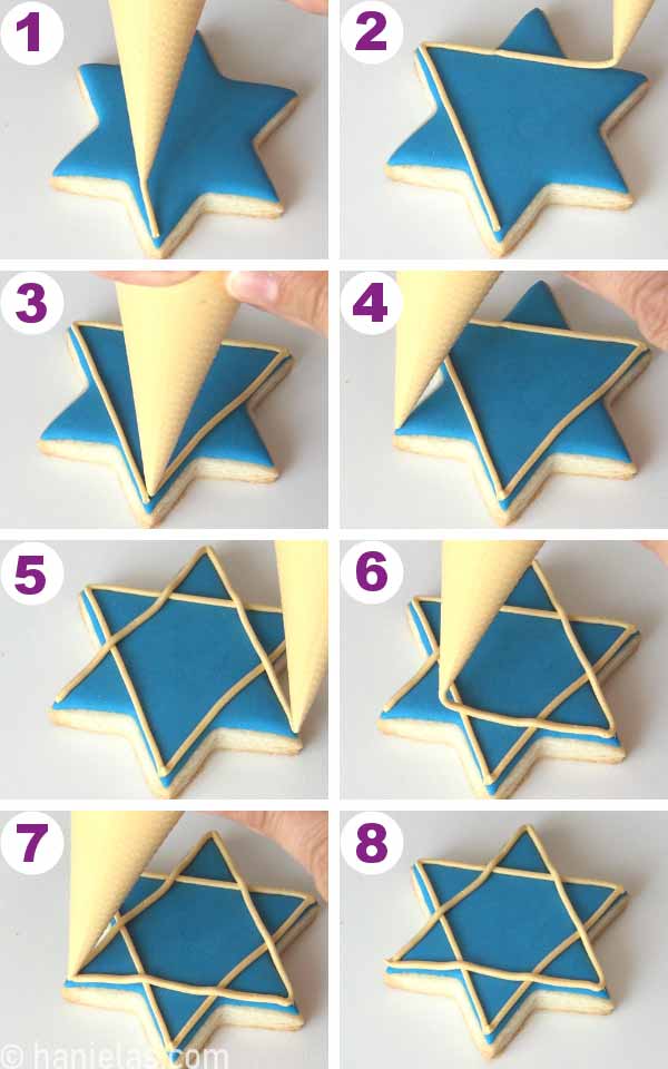 A six point star cookie decorated with royal blue icing, piping bag above the cookie piping lines of ivory icing on the top.