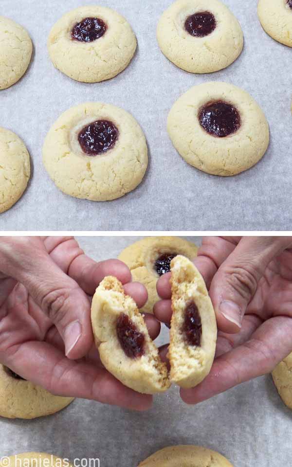 Human fingers holding a broken cookie, showing the inside.