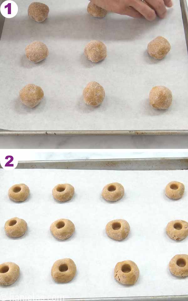 Baking sheet lined with parchment, with cookie balls.