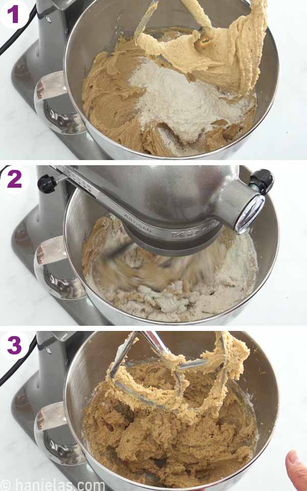 Stainless steel mixing bowl with the cookie dough.