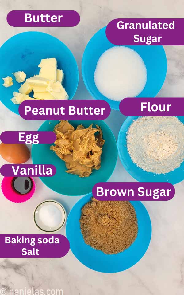 Bowls with ingredients to make the cookie dough.