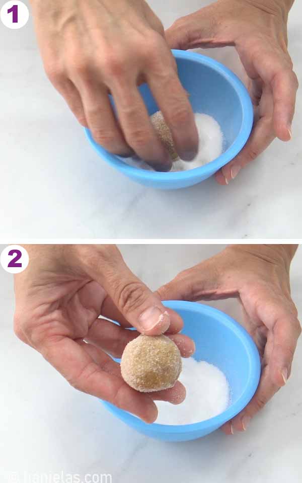 Hand rolling cookie ball in vanilla sugar.