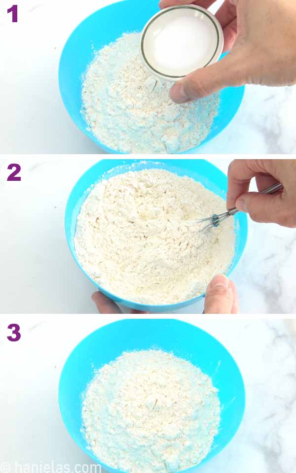 Bowl with flour and baking soda and salt.