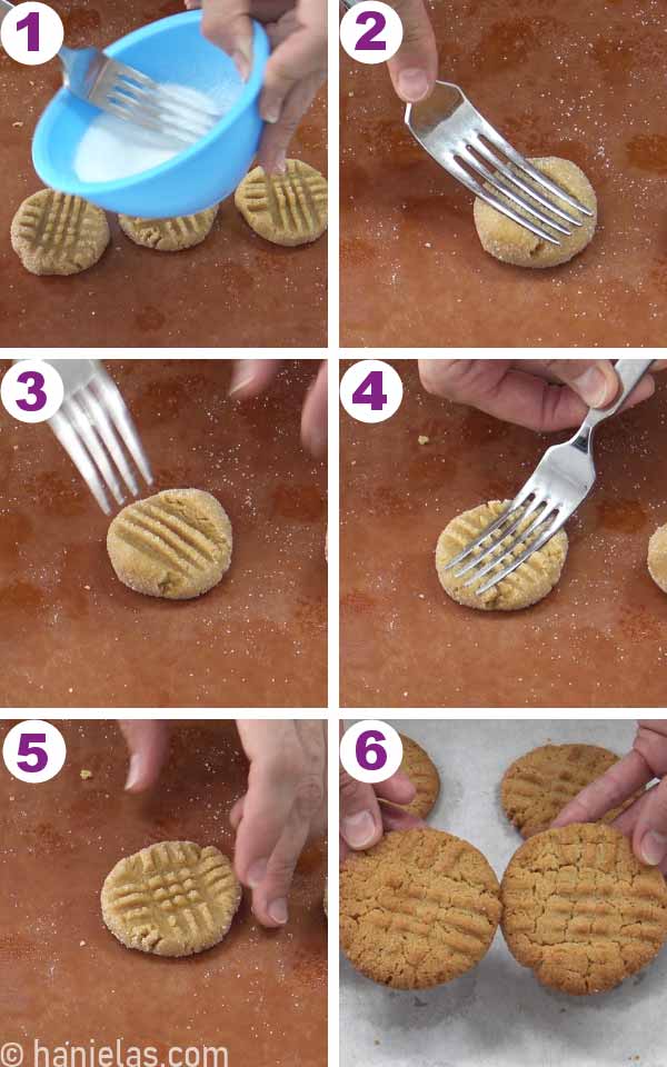 Hand holding a fork making a criss cross pattern into a cookie ball.