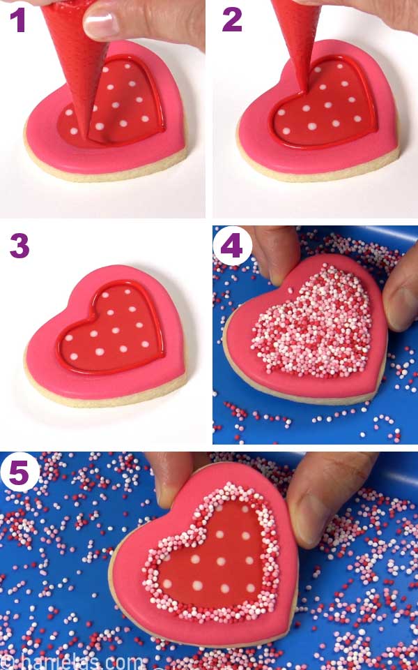 Heart icing outline dipped in nonpareils sprinkles.