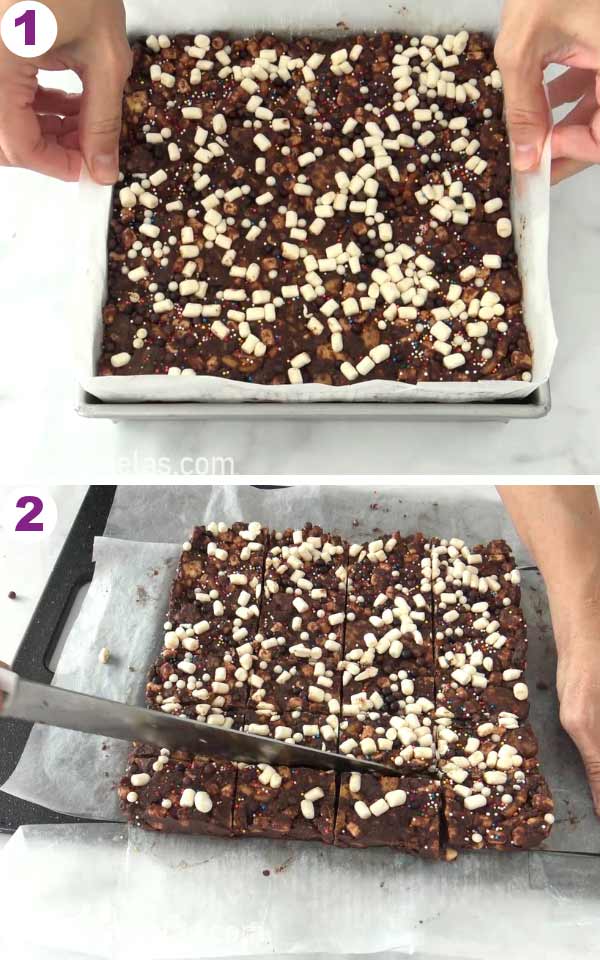 Cutting chocolate cookie slab with a knife on a cutting board.