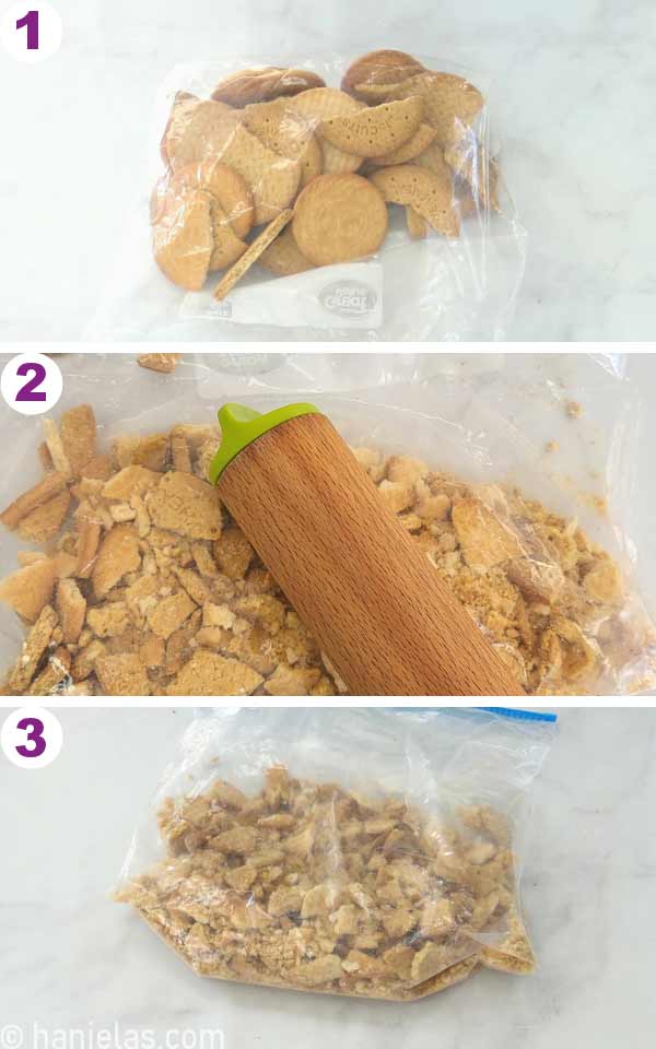 Cookies in a ziploc bag, rolling pin on top of the bag.