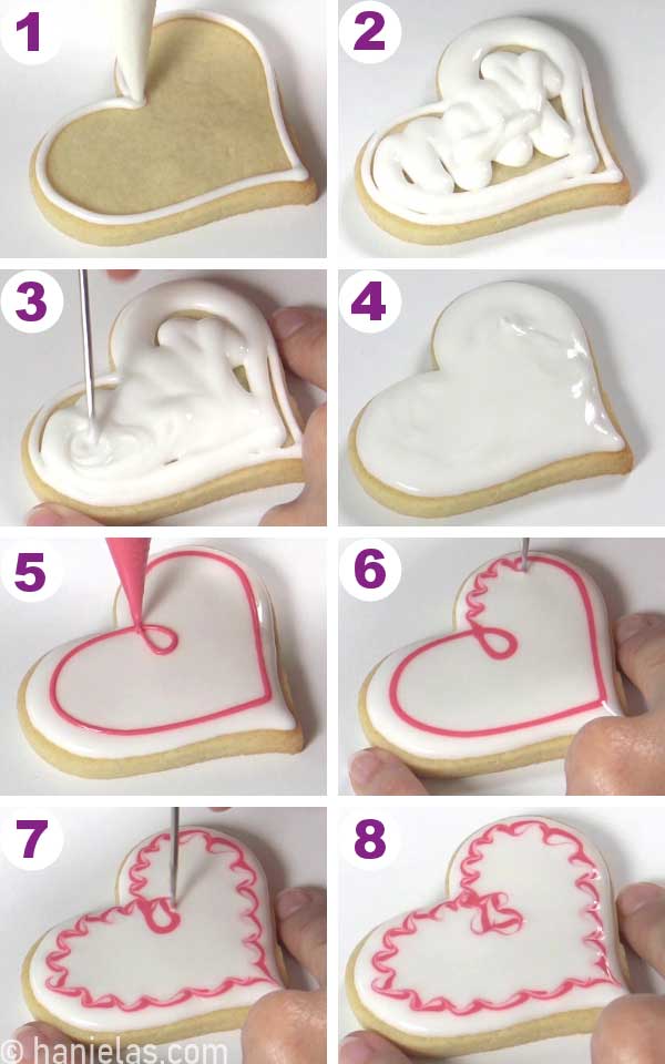 Heart cookie iced with white icing and pink marbled line.