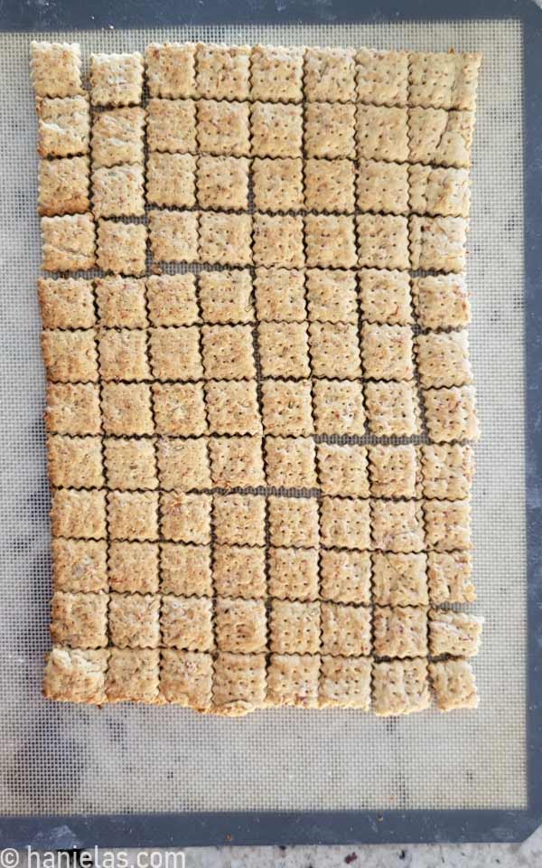 Baked crackers on a silicone baking mat.