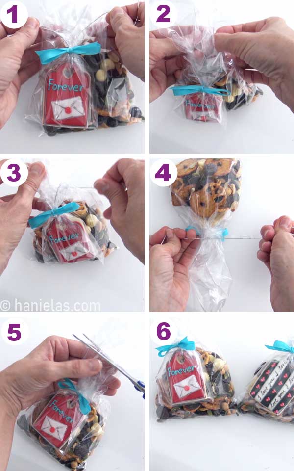 Snack mix in a clear bag with a cookie attached.