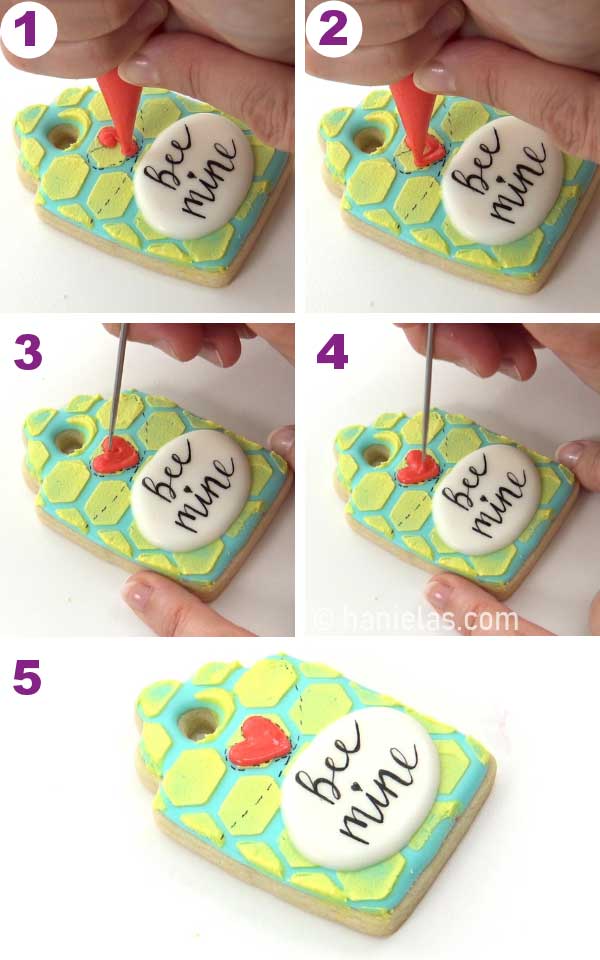 Cookie with honeycomb pattern and bee mine text.