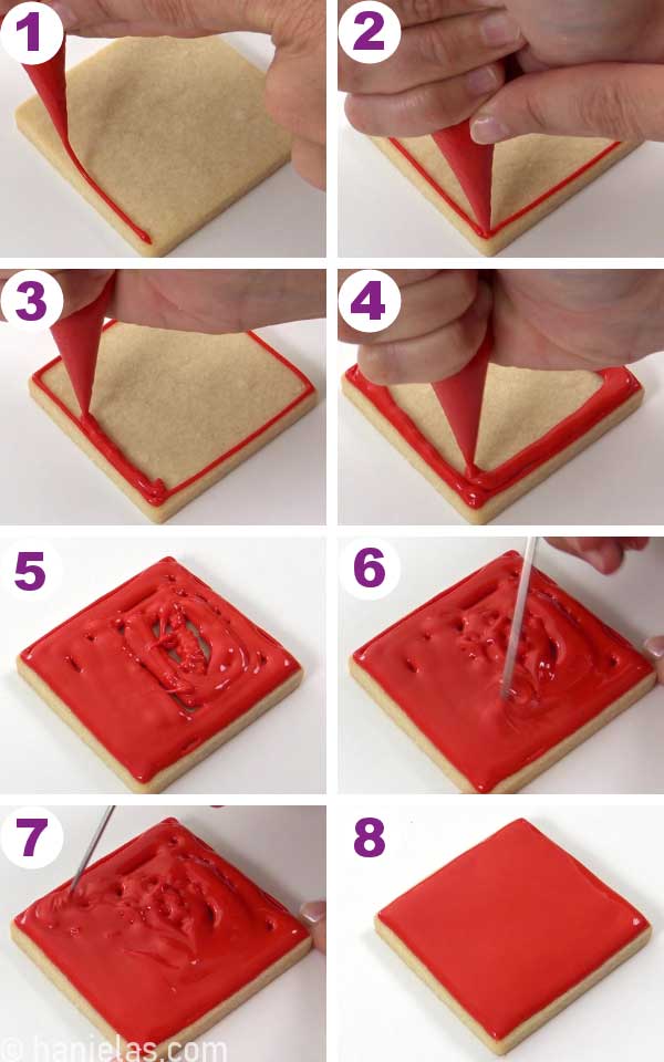 Square cookie iced with red icing.