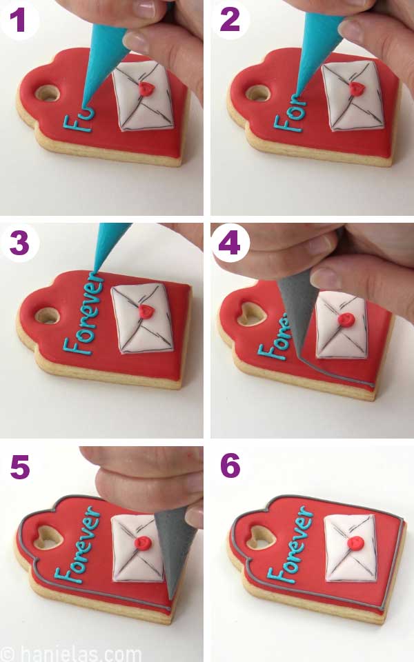 Piping bag with teal icing, piping a word forever onto a cookie.