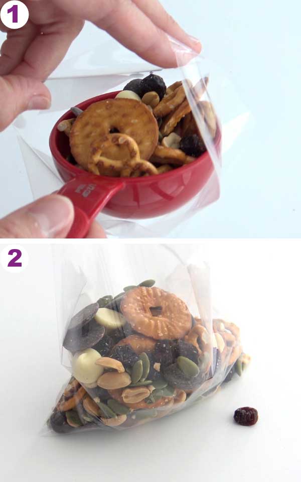 Poly bag filled with snack mix.