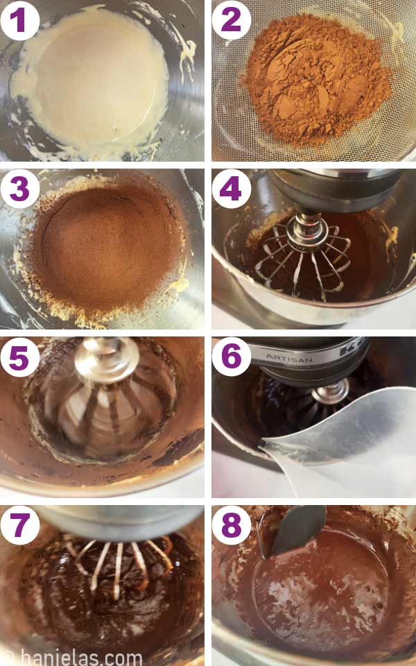 A mixing bowl with chocolate batter.