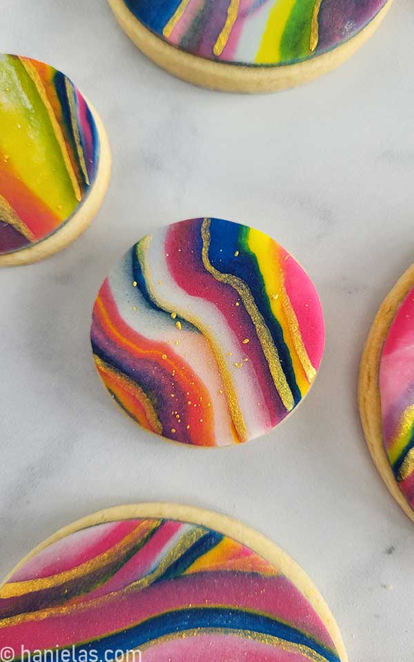 Mini round cookie decorated with multicolored sugar icing.