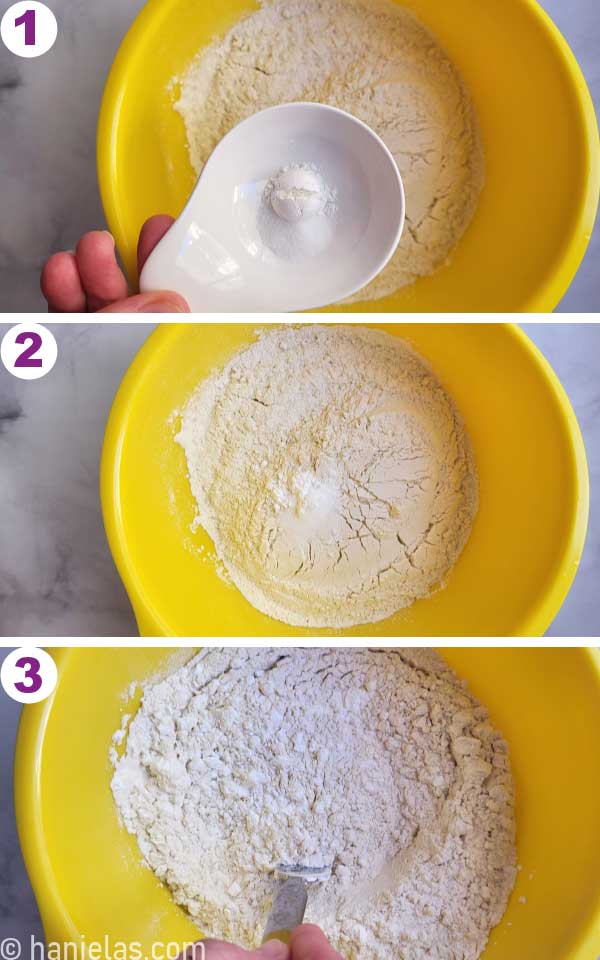 Yellow mixing bowl with flour, baking powder and salt.