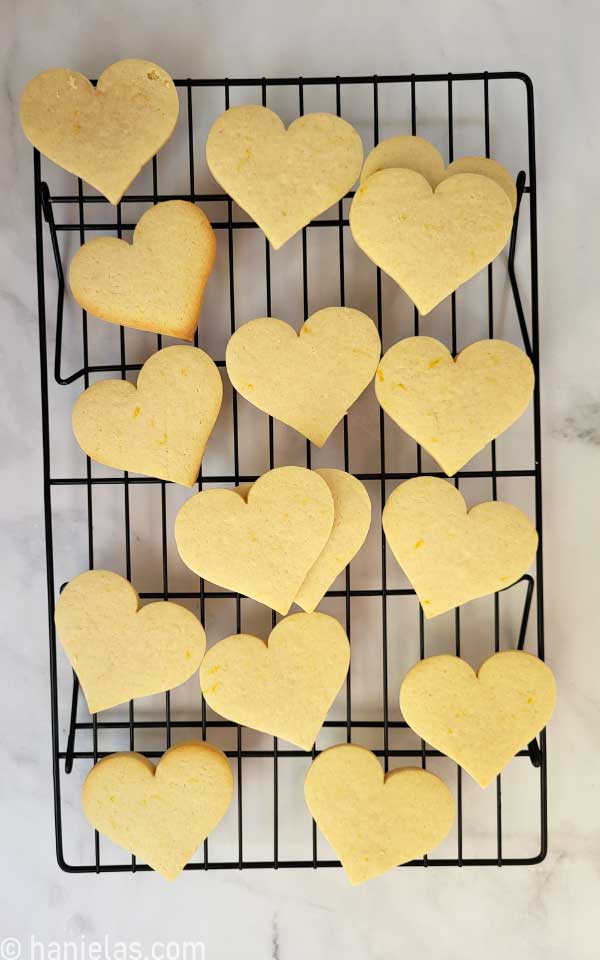 View from the above, rectangular cooling rack with cookies.