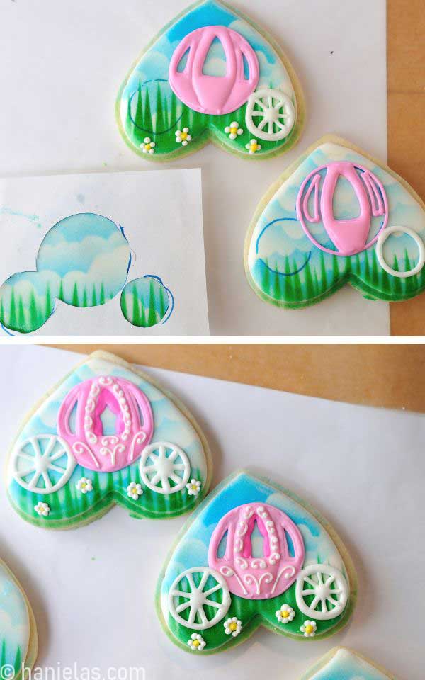 Cookies iced with white icing and airbrushed to create a pattern.