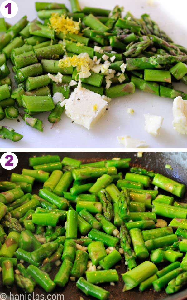 Sliced green asparagus in a skillet.