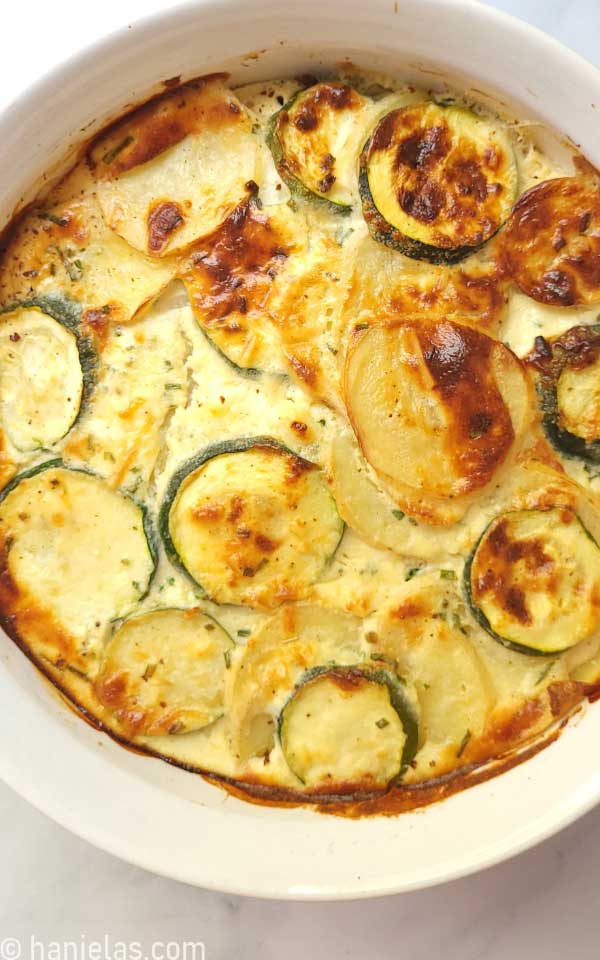 Baked casserole dish in a round baking dish.