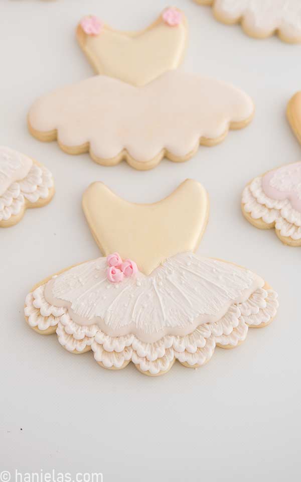 Decorated cookie in a shape of ballerina tutu.