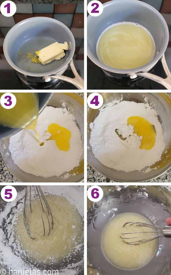 A small stainless steel bowl, whisking melted butter and lemon juice with powdered sugar.