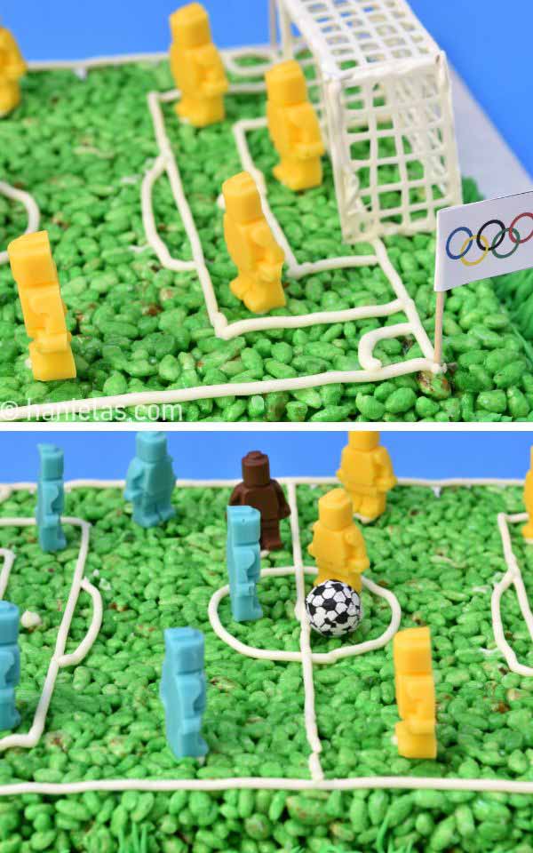 A close-up of Chocolate LEGO figures on a green cereal cake.